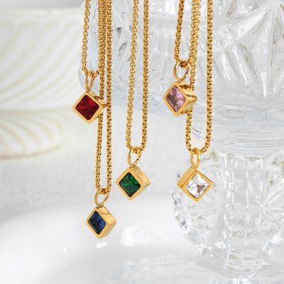 Right Grand Luxury Women Fashion Stainless Steel Jewelry No Tarnish Geometry Glass Pendant Colored Zircon Necklace