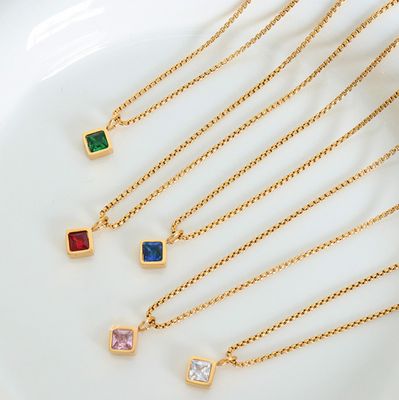 Right Grand Luxury Women Fashion Stainless Steel Jewelry No Tarnish Geometry Glass Pendant Colored Zircon Necklace