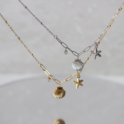 Right Grand Fashion Dainty Stainless Steel Waterproof No tarnish PVD Plated Necklace with moon Sea Star &amp; Zircon Pendant Jewelry For Women