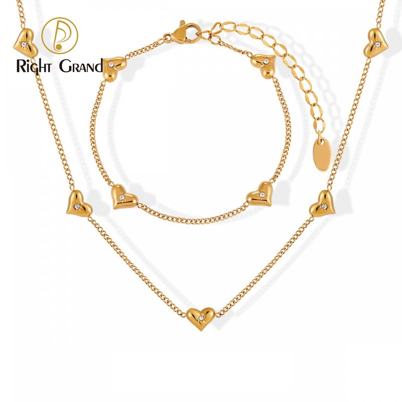 Right Grand High Quality Fashion Wholesale Cubic Zirconia Heart Pendant 18K Gold Plated Stainless Steel Jewelry Set For Women