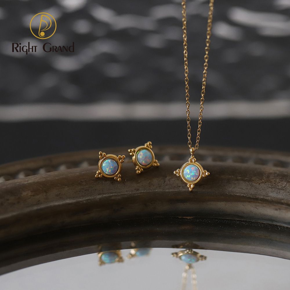 Right Grand Fashion Dainty Synthetic Fire Opal Pendant 18K Gold Plated All-match Stainless Steel Necklace Earring Jewelry Set For Women
