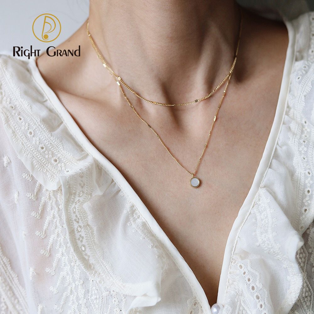Right Grand Fashion Dainty Elegant Stainless Steel Double Layers Necklace with Shell Set Pendant Gold Plated Waterproof Jewelry For Women