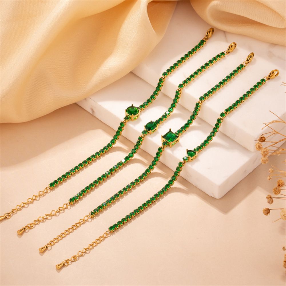 Right Grand Women Fashion No Tarnish Jewelry Stainless Steel Gold Plated Geometric Green Zircon Heart Tennis Bracelet
