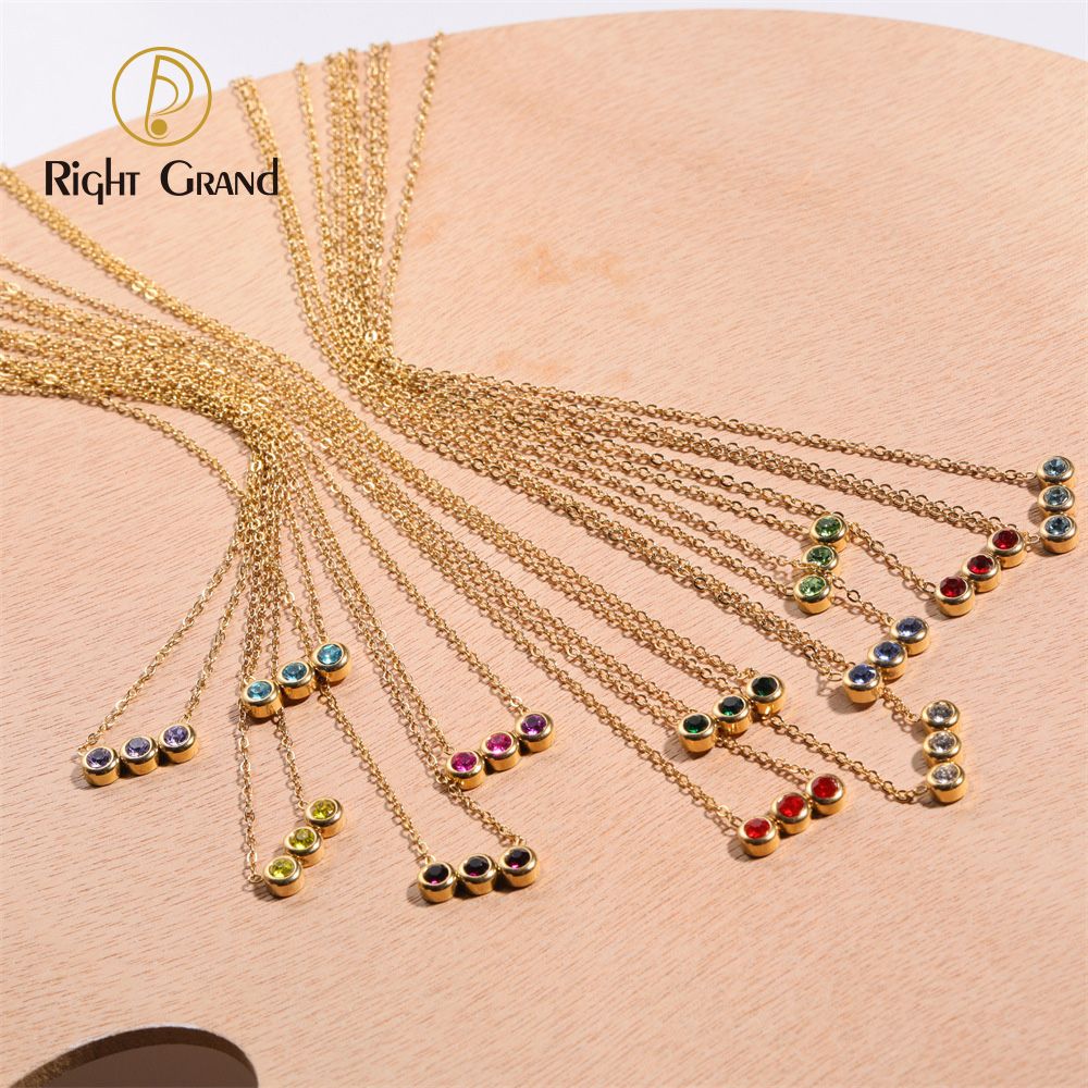 Right Grand New Fashion Women Jewelry Gold Plated Three Round Cubic Zircon Stainless Steel Birthstone Pendant Necklace