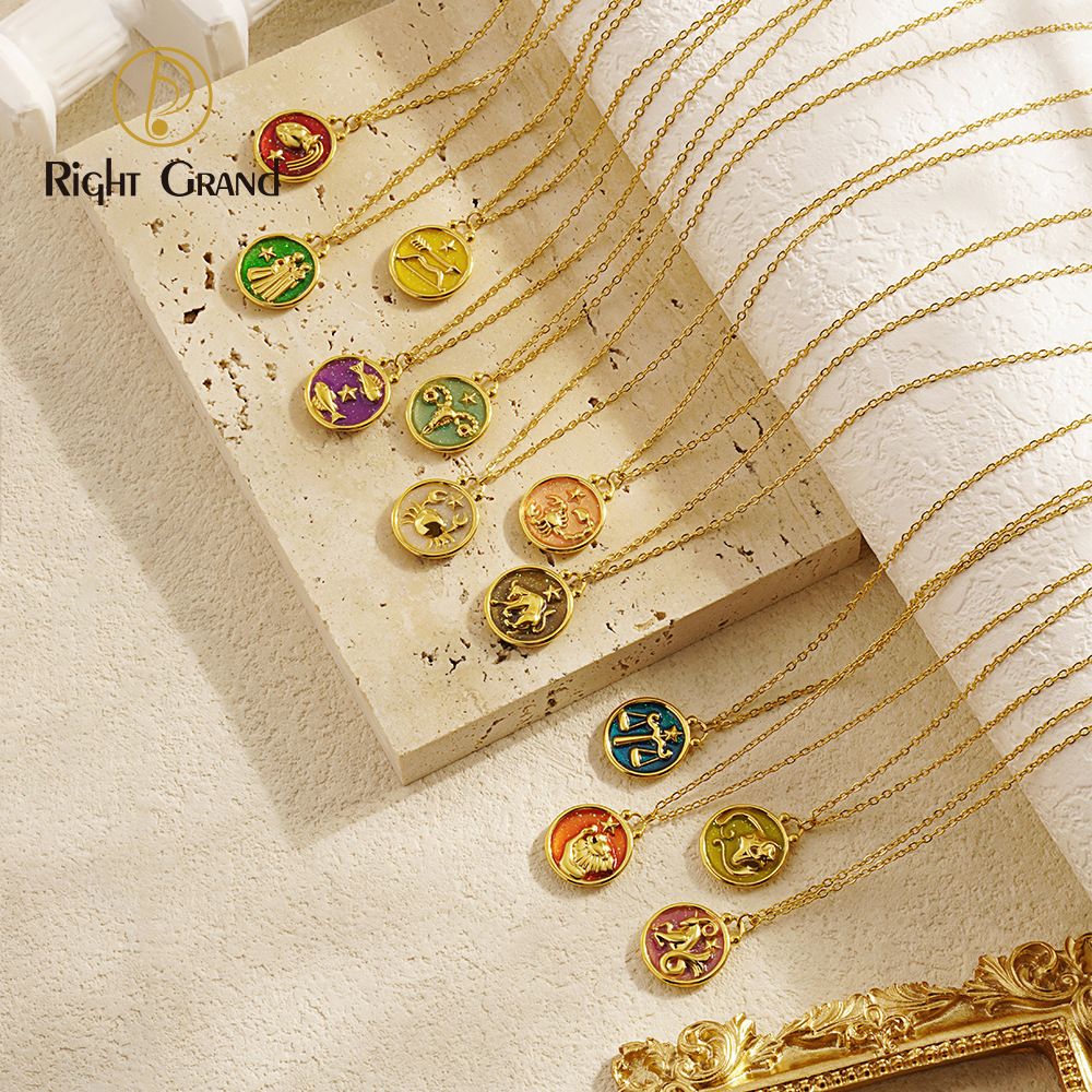Right Grand Fashion Woman Birthday Gift Astrology Horoscope Jewelry Stainless Steel Colorful Enamel Zodiac Necklace