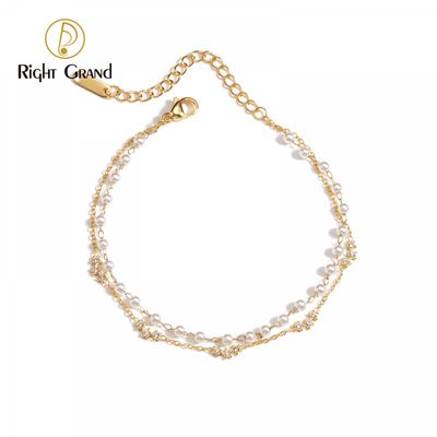 Right Grand 2024 Woman Girls Fashion Jewelry Stainless Steel 14K Gold Plated Multi Layer Bead Pearl Bracelet