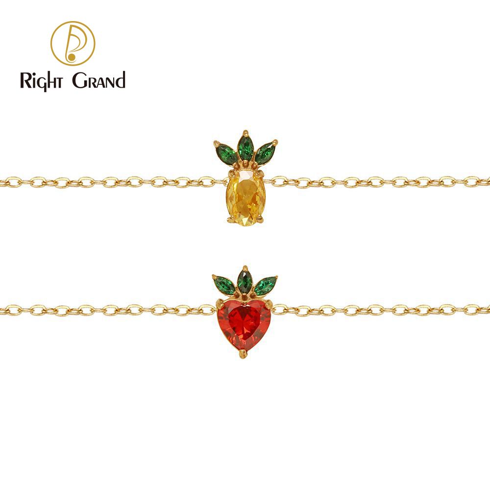 Right Grand Wholesale Fashion Friendship Jewelry Stainless Steel Gold Plated Pineapple Fruit Strawberry Charm Zircon Bracelet
