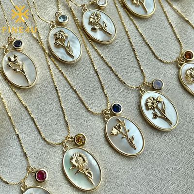 Right Grand Vintage Jewelry Stereoscopic Floral Oval Birth Month Flower Pendant Brass Gold Plated Birthflower Necklace