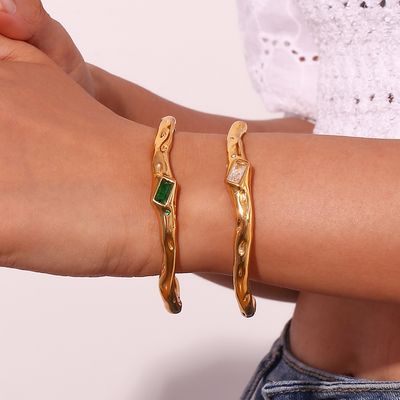 Right Grand Stainless Steel Fashion Chunky Jewelry Zirconia 18K Gold Plated Irregular Open Bangle Cuff Bracelet Women
