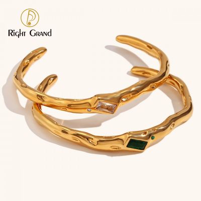Right Grand Stainless Steel Fashion Chunky Jewelry Zirconia 18K Gold Plated Irregular Open Bangle Cuff Bracelet Women