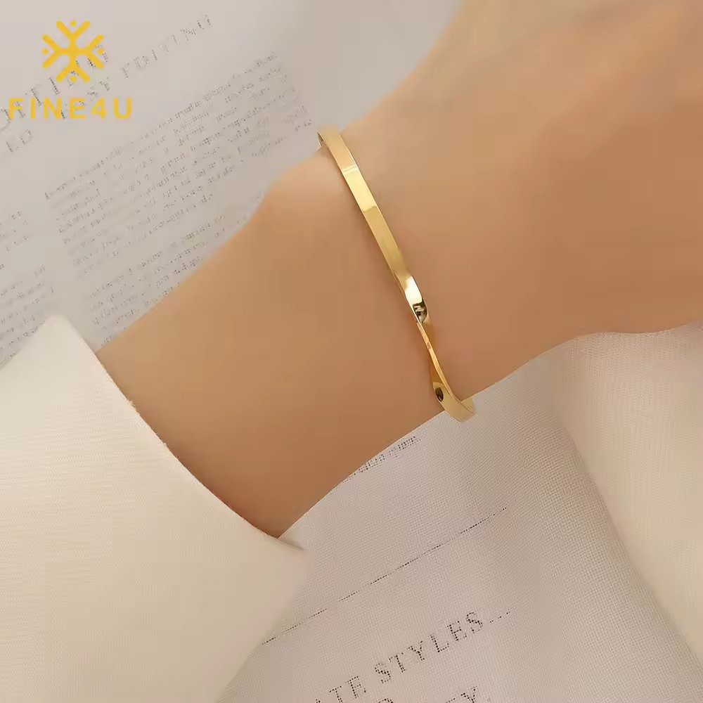 Right Grand Minimalist Fashion Jewelry Open Adjustable 18K Gold Plated Stainless Steel Twisted Cuff Bangle Bracelet