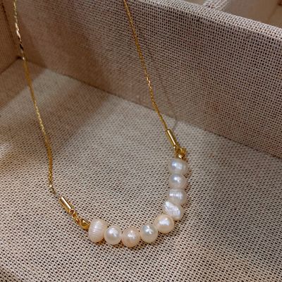 Right Grand Trendy 18K Gold Plated Stainless Steel Chain Natural Freshwater Pearl Choker Pendant Necklace