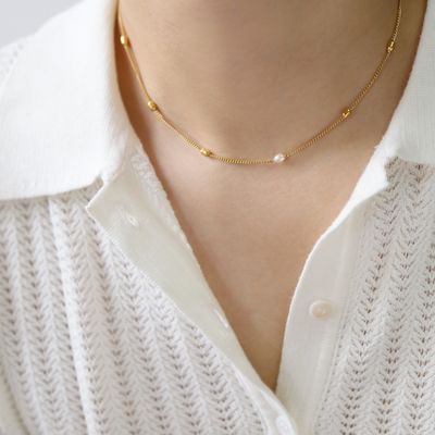 Right Grand Wholesale Fashion Stainless Steel Gold Plated Freshwater Gold Pearl Bead Necklace Chain Necklace Fashion Jewelry for Women