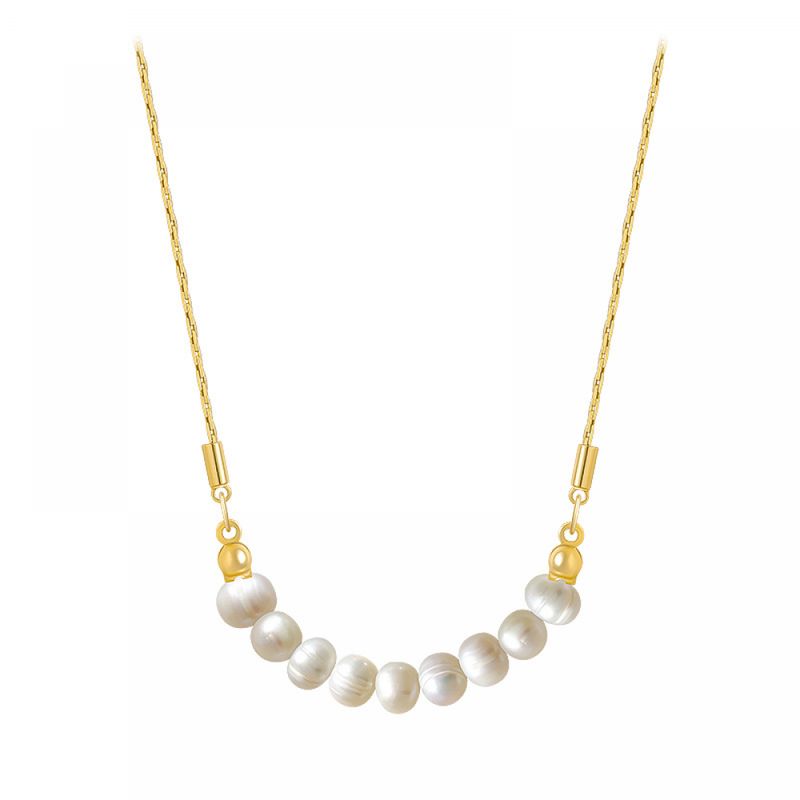 Right Grand Trendy 18K Gold Plated Stainless Steel Chain Natural Freshwater Pearl Choker Pendant Necklace, Color: Gold