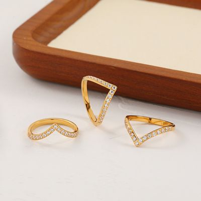 Right Grand Wholesale DaintyStainless Steel Non Fade Fine Rings Fashion Jewelry 18K Gold Plated Irregular V Shaped Zircon Rings For Women