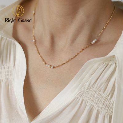 Right Grand New Design Fashion Jewelry Waterproof Stainless Steel Gold Plated Basic Multiple Layered Freshwater Pearl Necklace