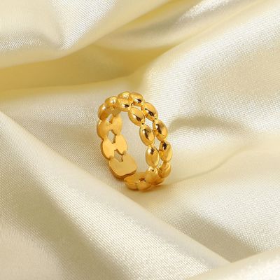 Right Grand 18K Gold Plated Stainless Steel Jewelry Gift Adjustable Open Oval Beaded Multi Layered Stacked Ring