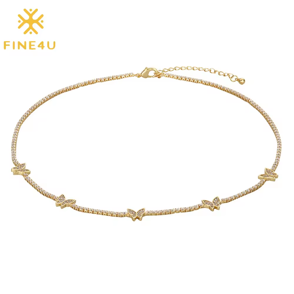 Right Grand Fashion Dainty Jewelry Bling Cz Zcubic Zircon 18K Gold Plated Rhinestone Tennis Necklace Butterfly Choker