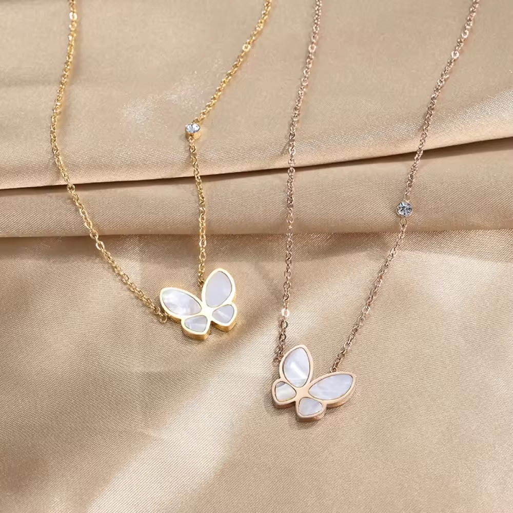 Right Grand Stainless Steel Kelebek Kolye Jewelry White Shell Pendant Women Pink Gold Butterfly Necklace