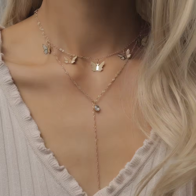 Right Grand Kelebek Kolye Women Jewelry Trendy Long Double Layer Choker Diamond Charm Jewelry Necklace Butterfly
