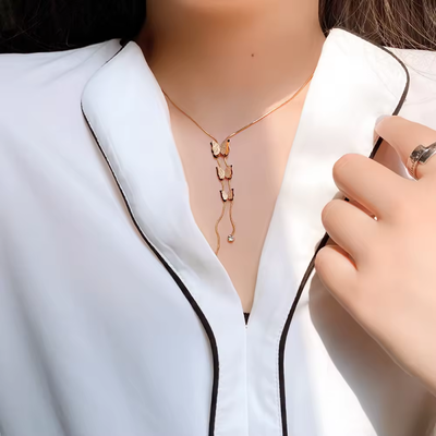 Right Grand Women New Design Long Elegant Rose Gold Plated Diamond Stainless Steel Butterfly Pendant Necklace