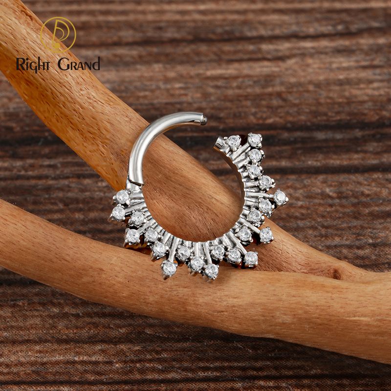 Right Grand ASTM F136 Titanium 16G Hinged Daith Earring Segment Hoop 8mm/10mm Spark Burst CZ Septum Clicker Nose Ring Piercing