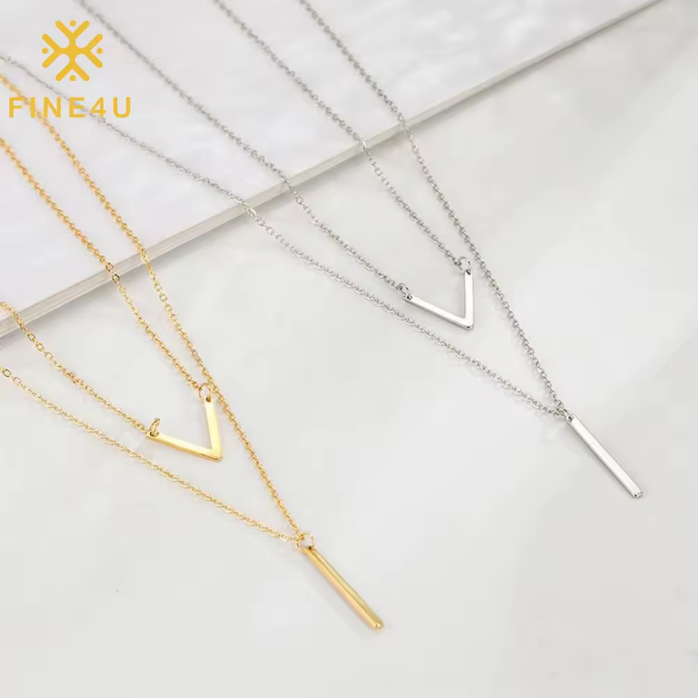 Right Grand Simple Fashion Jewelry Women Letter V Vertical Bar Pendant Gold Plated Stainless Steel Layered Necklace