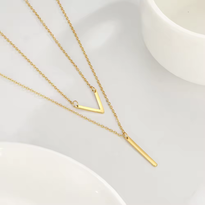 Right Grand Simple Fashion Jewelry Women Letter V Vertical Bar Pendant Gold Plated Stainless Steel Layered Necklace