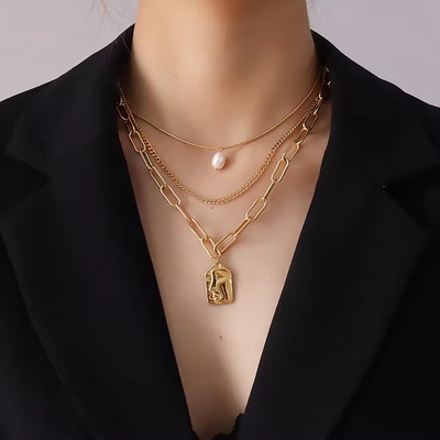 Right Grand Gold Plated Paperclip Chain Square Face Pearl Pendant Three Layered Women 18K Stainless Steel Necklace