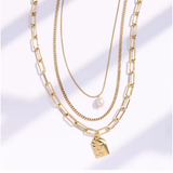 Right Grand Gold Plated Paperclip Chain Square Face Pearl Pendant Three Layered Women 18K Stainless Steel Necklace