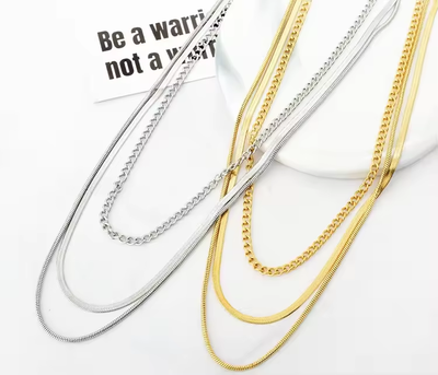 Right Grand Women Fashion Trendy Basic Stainless Steel Gold Plated Herringbone Snake Chain Triple Layered Necklace