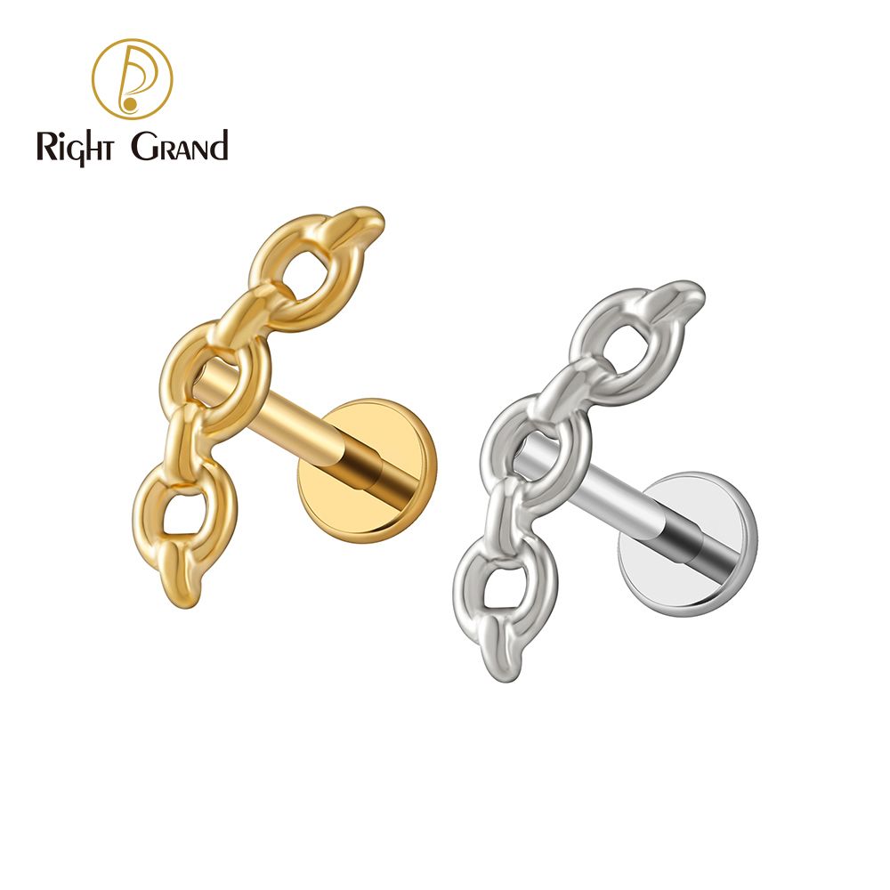 Right Grand ASTM F136 Titanium 16G  Internal Threaded Chunky Chain Stud Earring Chain Link Cartilage Helix Tragus Nose Labret Piercing