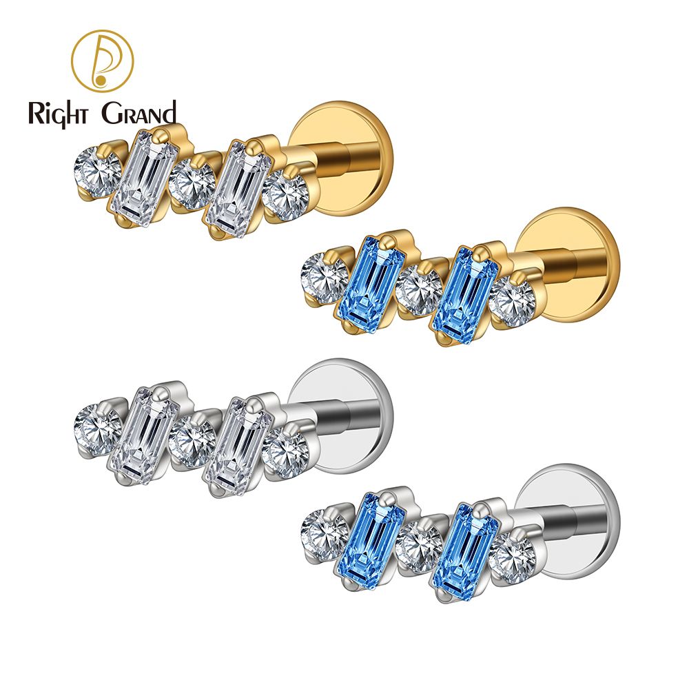 Right Grand ASTM F136 Titanium 16G  Internal Threaded Baguette CZ Climber Stud Earring Cluster Cartilage Helix Labret Stud Piercing