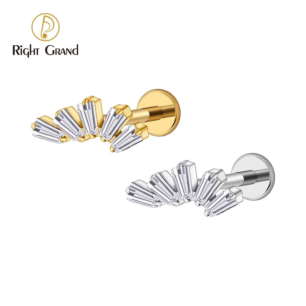 Right Grand ASTM F136 Titanium 16G Internal Threaded Baguette CZ Cluster Labret Stud Trapezoid Tragus Monroe Helix Cartilage Earlobe Piercing