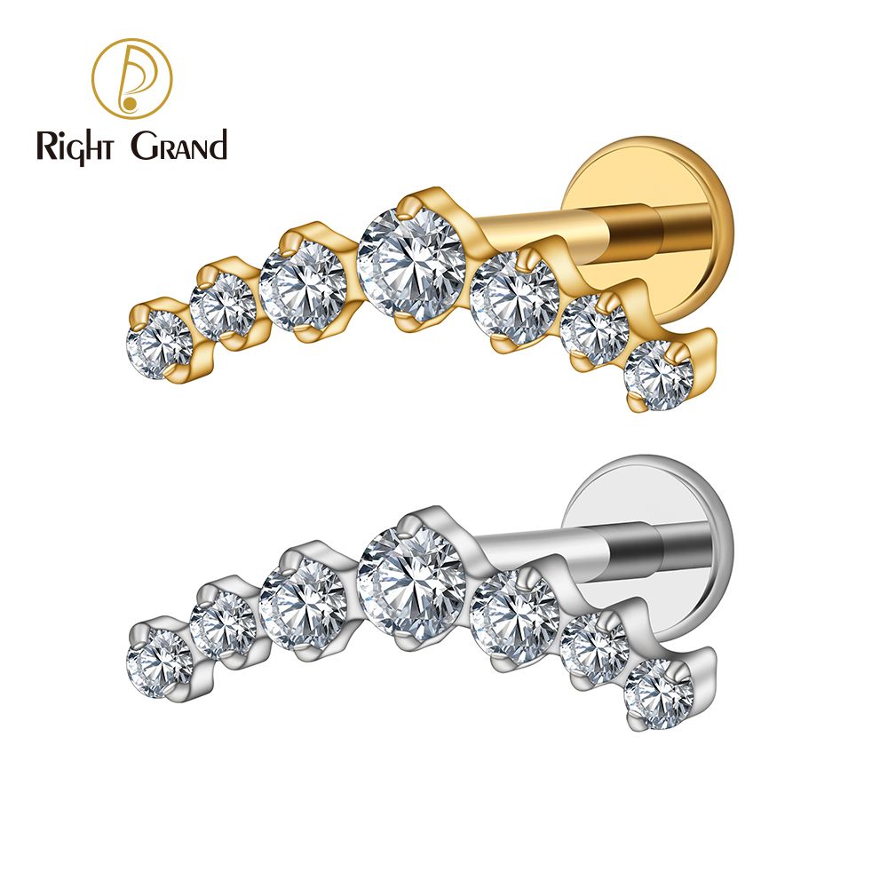 Right Grand ASTM F136 Titanium 16G Internal Threaded CZ Cluster Climber Stud Earring Labret Helix Tragus Cartilage Stud Flatback Piercing