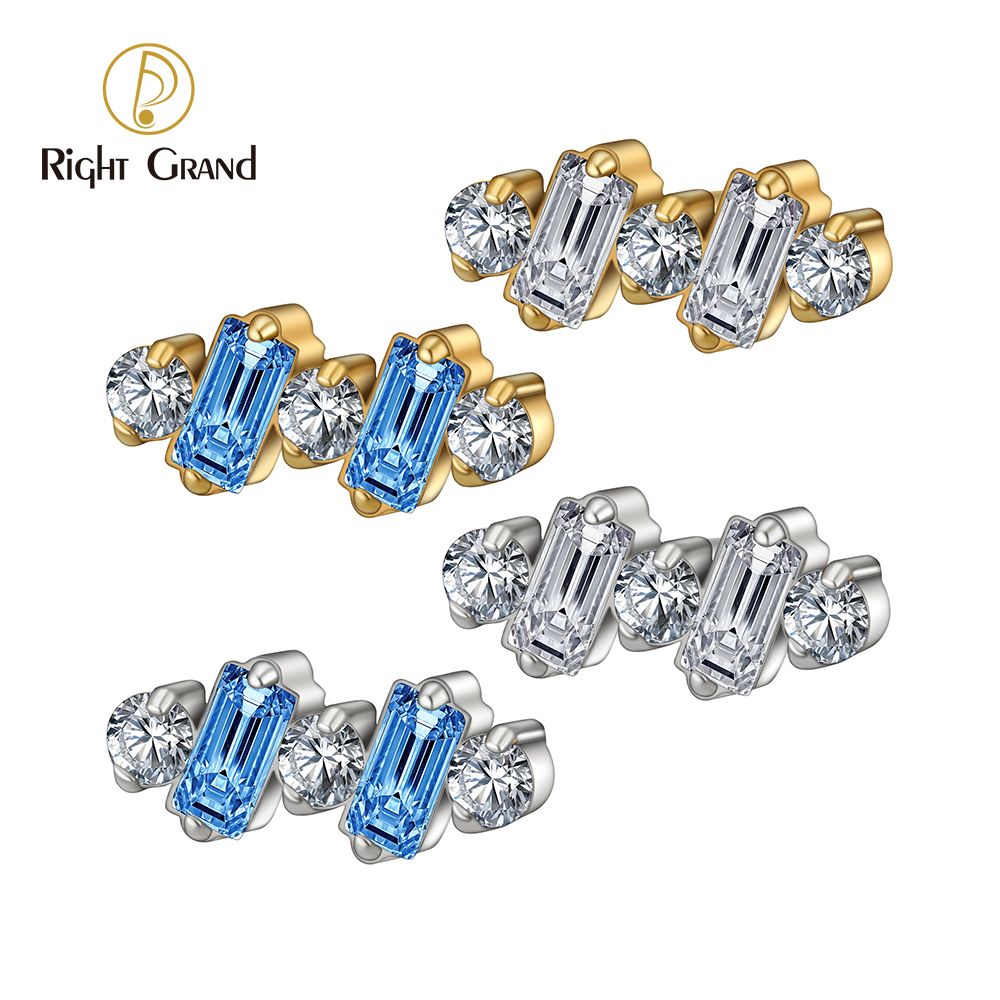 Right Grand ASTM F136 Titanium 16G  Internal Threaded Baguette CZ Climber Stud Earring Cluster Cartilage Helix Labret Stud Piercing Top