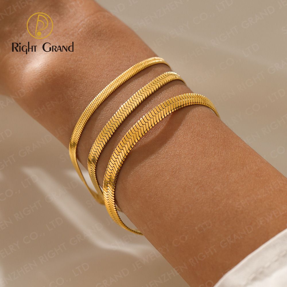 Right Grand Tarnish Free Minimalist Trendy Women Jewelry Gold Plated Stainless Steel Flat Snake Chain Bracelet