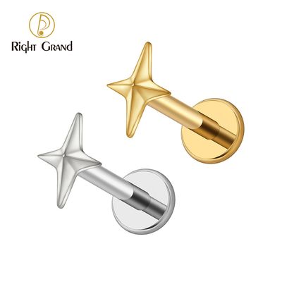 Right Grand ASTM F136 Titanium 16G Internal Threaded Four-Pointed Star Cartilage Earring Helix Tragus Stud Flatback Labret Nose Stud Piercing