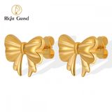 Right Grand Summer Trendy Cute Girls Fashion Jewelry Gift Stainless Steel Gold Plated Ribbon Bow Stud Earrings