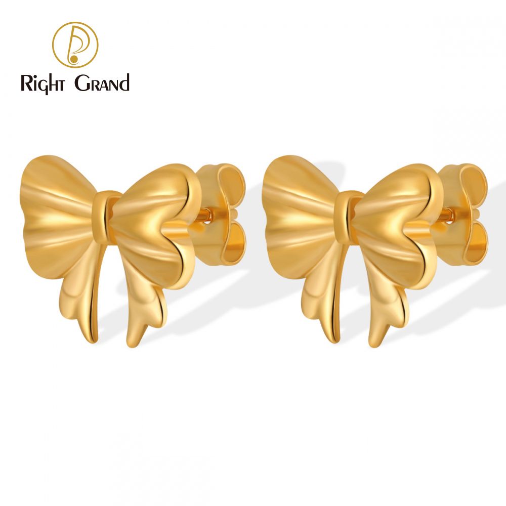 Right Grand Summer Trendy Cute Girls Fashion Jewelry Gift Stainless Steel Gold Plated Ribbon Bow Stud Earrings