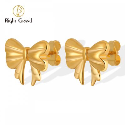 Right Grand Summer Trendy Cute Girls Fashion Jewelry Gift Stainless Steel Gold Plated Ribbon Bow Stud Earrings