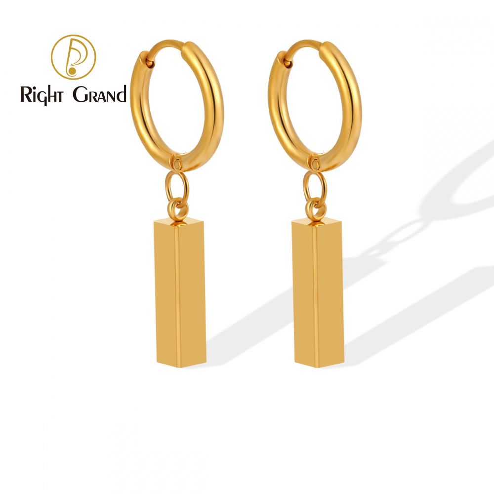 Right Grand Personalized Custom Name Logo Jewelry Gift Stainless Steel Gold Plated Geometric Rectangle Dangle Drop Earrings