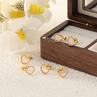 Right Grand Wholesale Cute Girls Fashion Jewelry Gold Plated Stainless Steel Beaded Heart Stud Earrings