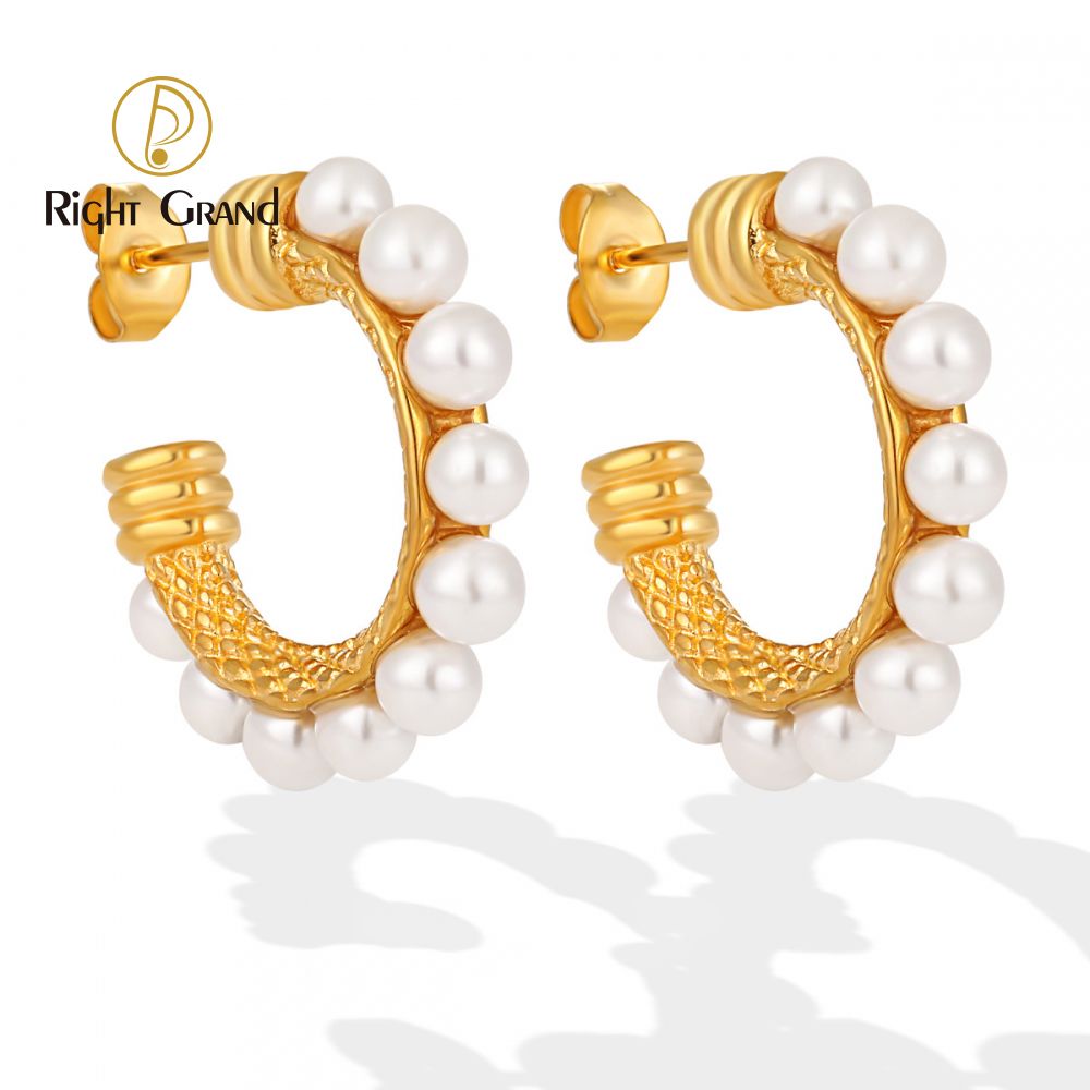 Right Grand Women Elegant Retro Jewelry Gold Plated Stainless Steel C Shaped Pearl Beaded Hoop Earring