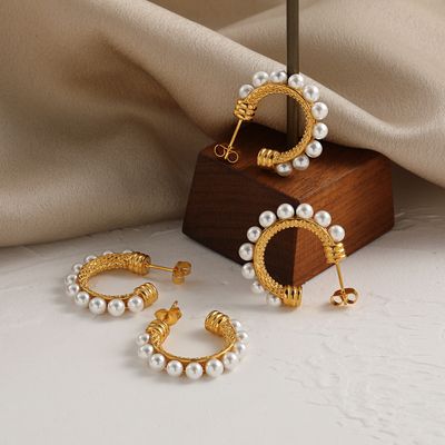 Right Grand Women Elegant Retro Jewelry Gold Plated Stainless Steel C Shaped Pearl Beaded Hoop Earring
