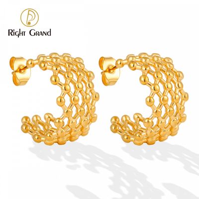 Right Grand New Design Women Fashion Jewelry Gold Plated Stainless Steel C Shaped Mesh Cellula Beaded Hoop Earring