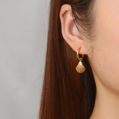 Right Grand Fashion Summer Beach Women Jewelry Stainless Steel Gold Plated Dangle Sea Shell Hoop Earrings