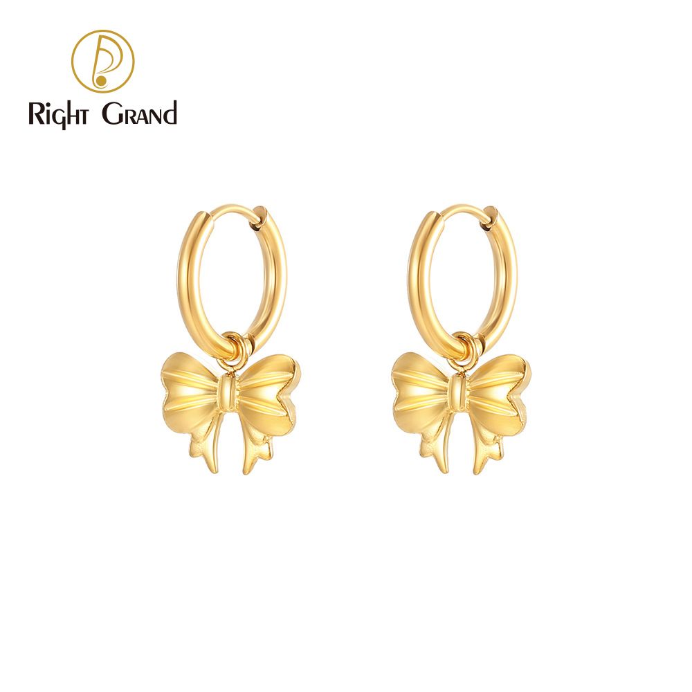 Right Grand Waterproof Fashion Cute Lady Girl Jewelry Gift Stainless Steel Gold Plated Small Bow Dangle Hoop Earrings