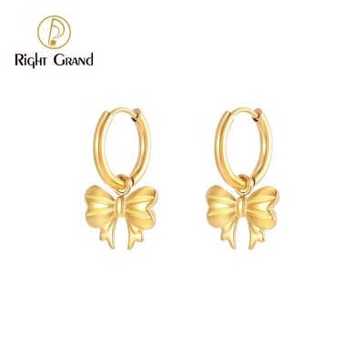 Right Grand Waterproof Fashion Cute Lady Girl Jewelry Gift Stainless Steel Gold Plated Small Bow Dangle Hoop Earrings