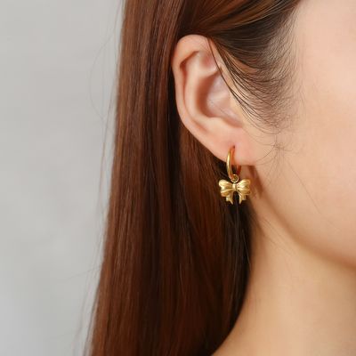 Right Grand Waterproof Fashion Cute Lady Girl Jewelry Gift Stainless Steel Gold Plated Small Bow Dangle Hoop Earrings